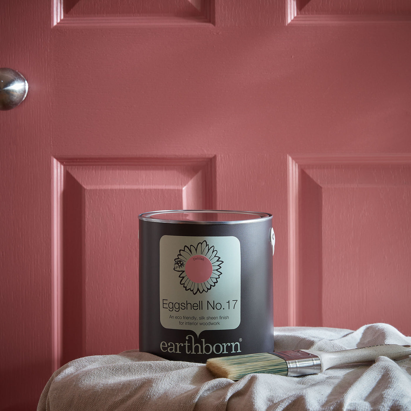Can of earthborn paint with a brush on a pink door