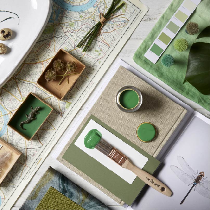 Mood board featuring Earthborn Riverbank green paint
