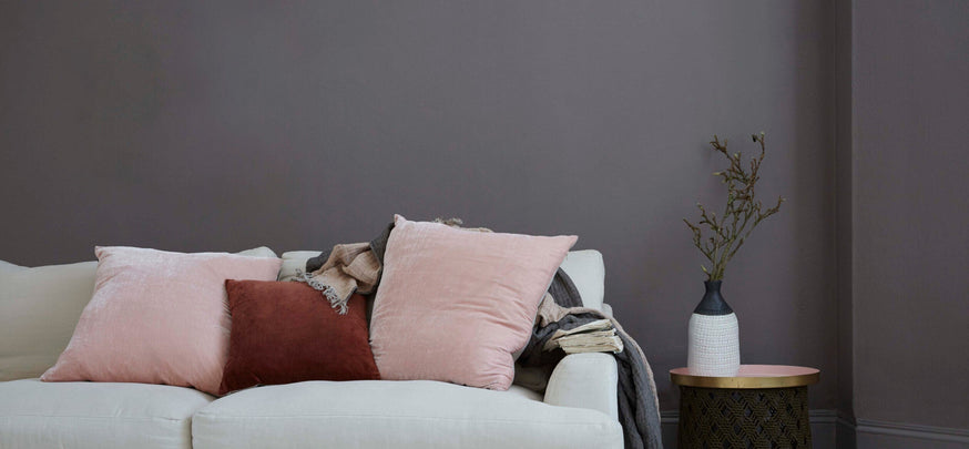 Rocky Horse living room.|Winter garden and Puddling kitchen shelf.|Peaseblossom room display|Grassy bedroom painted in breathable paint.|Dining room colour block - Tick Tock|Pot plants and Secret Room Claypaint.