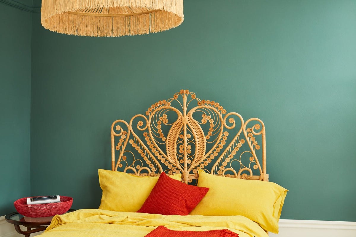 Our favourite green colour schemes - bedroom.|Bedroom painted in Hobby Wood Claypaint.|Bedroom painted in Hobgoblin.|Fireplace painted in Flutterby.