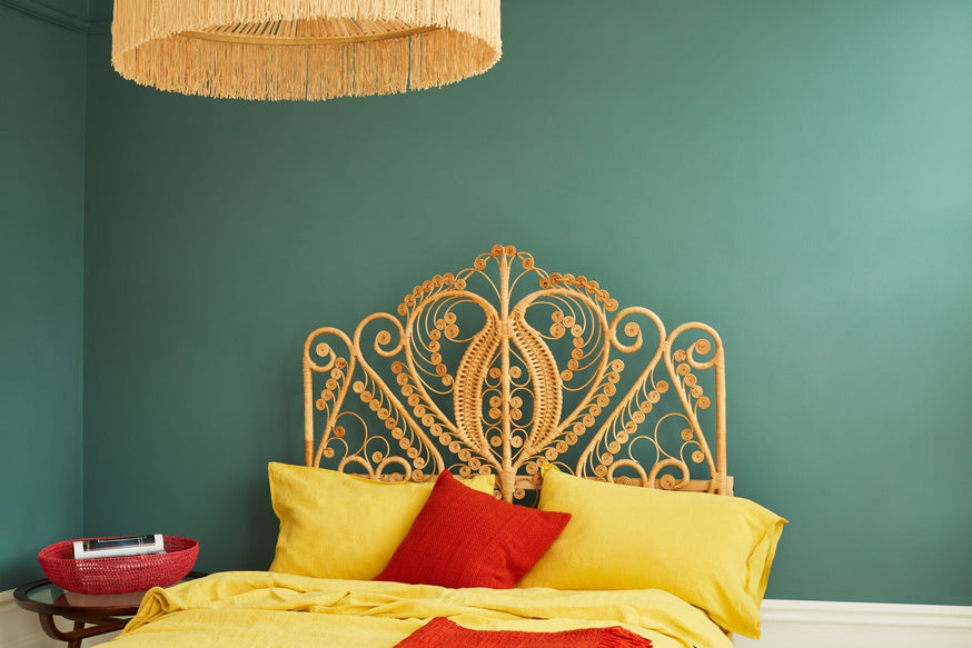 Our favourite green colour schemes - bedroom.|Bedroom painted in Hobby Wood Claypaint.|Bedroom painted in Hobgoblin.|Fireplace painted in Flutterby.