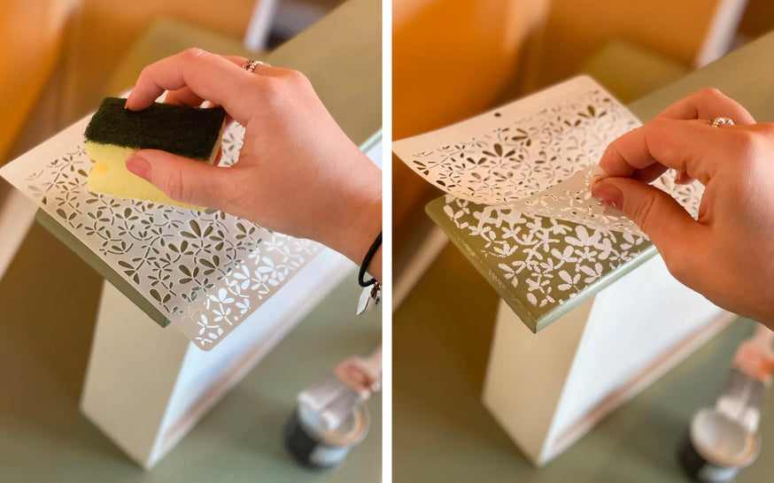 Upcycling and adding stencil to a draw set.|Chest of drawers painted in a bright ombre of pink to white.|Upcycled side table with Earthborn Eco Chic.|Side Table Painted in Faux Marble Finish salvaged inspirations.|Faux Marble Side Table in salvaged inspir