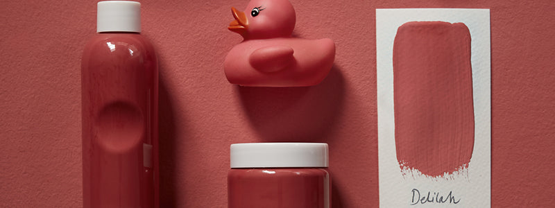 Delilah flat lay.|A bathroom painted in Delilah Claypaint.|Delilah in a bathroom and kitchen.|Delilah flat lay and mood board.|Switch it up with Delilah room inspiration.