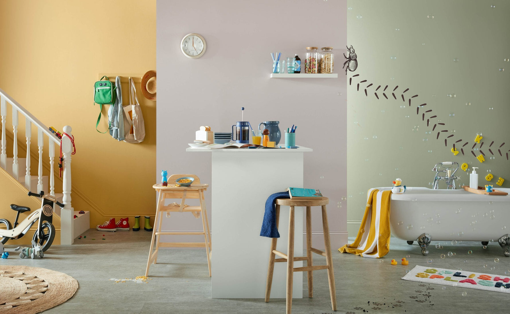 Lifestyle banner with illustrated beetle.|Illustrated dog in bath||Illustrated girl in kitchen with our washable Lifestyle emulsion