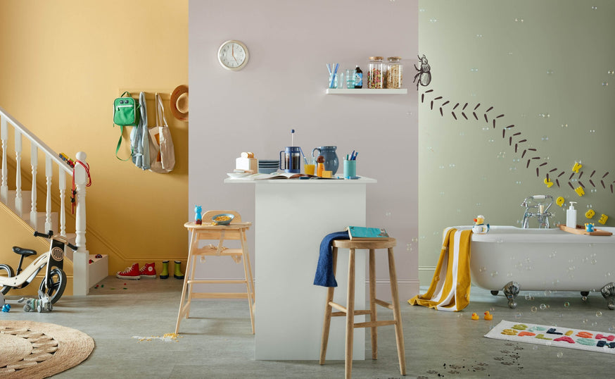 Lifestyle banner with illustrated beetle.|Illustrated dog in bath||Illustrated girl in kitchen with our washable Lifestyle emulsion