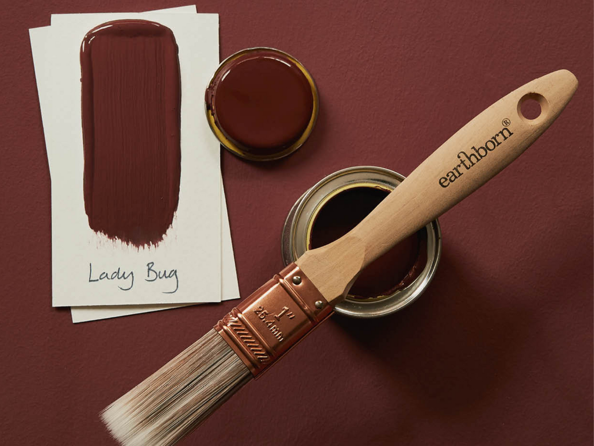 Lady Bug Claypaint flat lay.|Lady Bug and Ballet Shoe Claypaint.|Dog on a chair in front of a stripe of Lady Bug.|Lady Bug colour swatch.