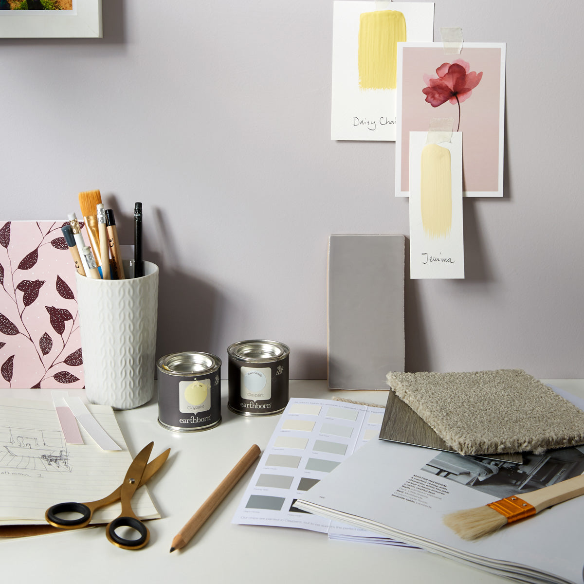 Claypaint breathable paint mood board.|Dinning room table set for afternoon tea.|Green fern in glass bottles.|Bed side table and bright yellow.|Bed side table and bright yellow bedding.|Daisy Chain and Jemima sample pot. Breathable paint lifestyle moodboa