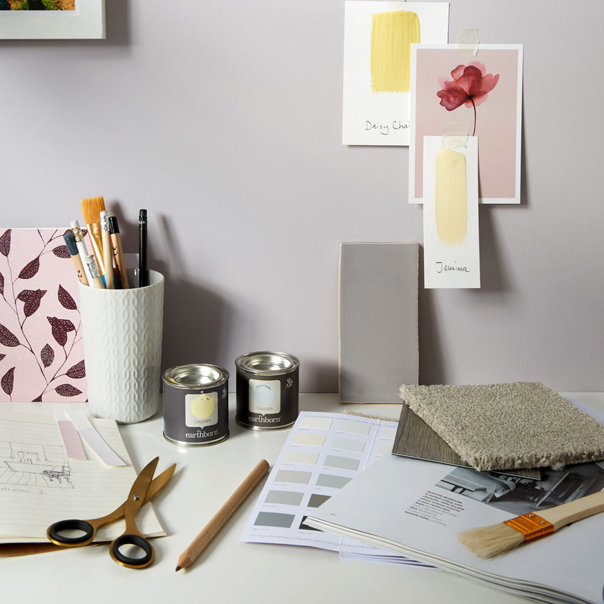 Claypaint breathable paint mood board.|Dinning room table set for afternoon tea.|Green fern in glass bottles.|Bed side table and bright yellow.|Bed side table and bright yellow bedding.|Daisy Chain and Jemima sample pot. Breathable paint lifestyle moodboa