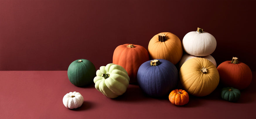 Earthborn - pumpkins|Pumpkin patch|Earthborn painted pumpkins laid out in a square.