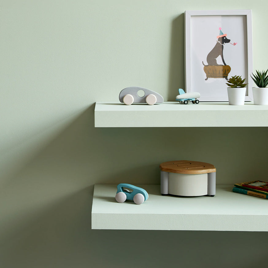 Gregory's Den Shelves|Playroom in Milk Jug Claypaint.|Kids Room|Baby cot portrait.|Our favourite colour schemes for children.