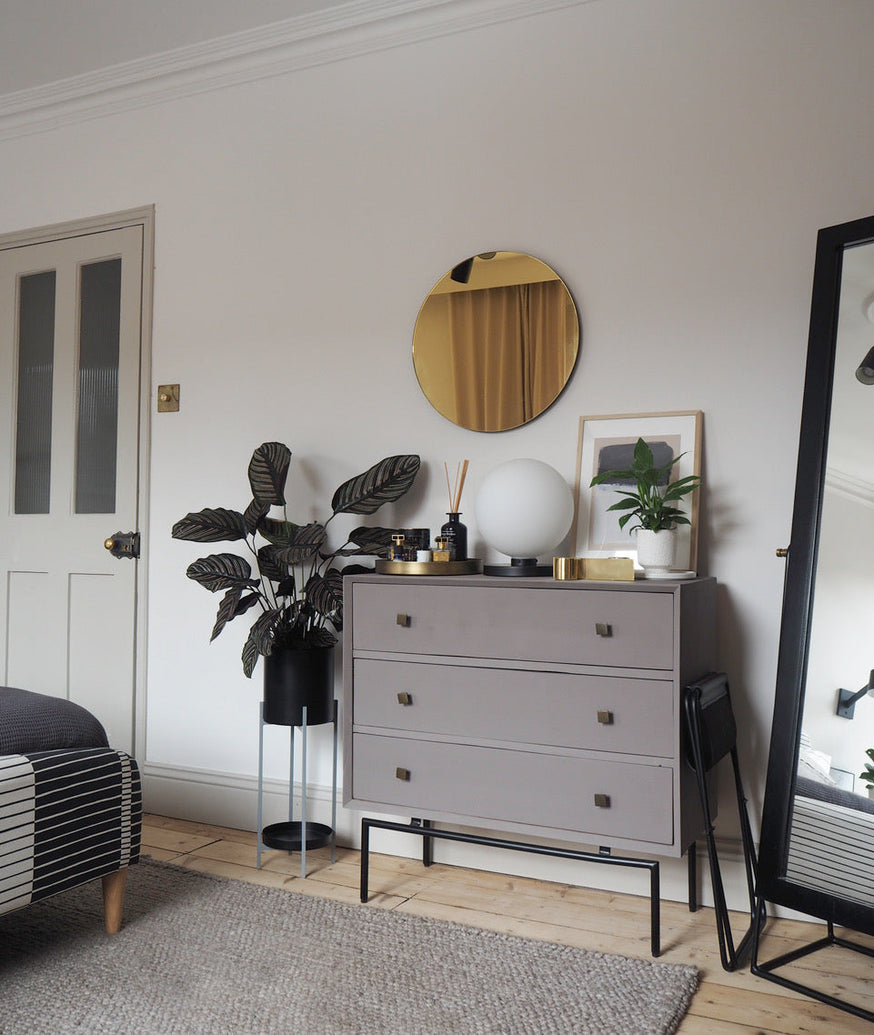 Earthborn Claymate Luke's Eco Chic project|Luke Arthur painted swatches.|Drawers painted in Rocky Horse.|Flutterby in bedroom.