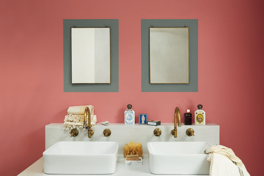 Delilah in a bathroom.|Delilah, Hippo Hooray and Daisy Chain colour drops.|You can do wonderful things with colour newspaper clippings.|Split image of a kitchen and a lounge.|Twentieth century paint colours drops