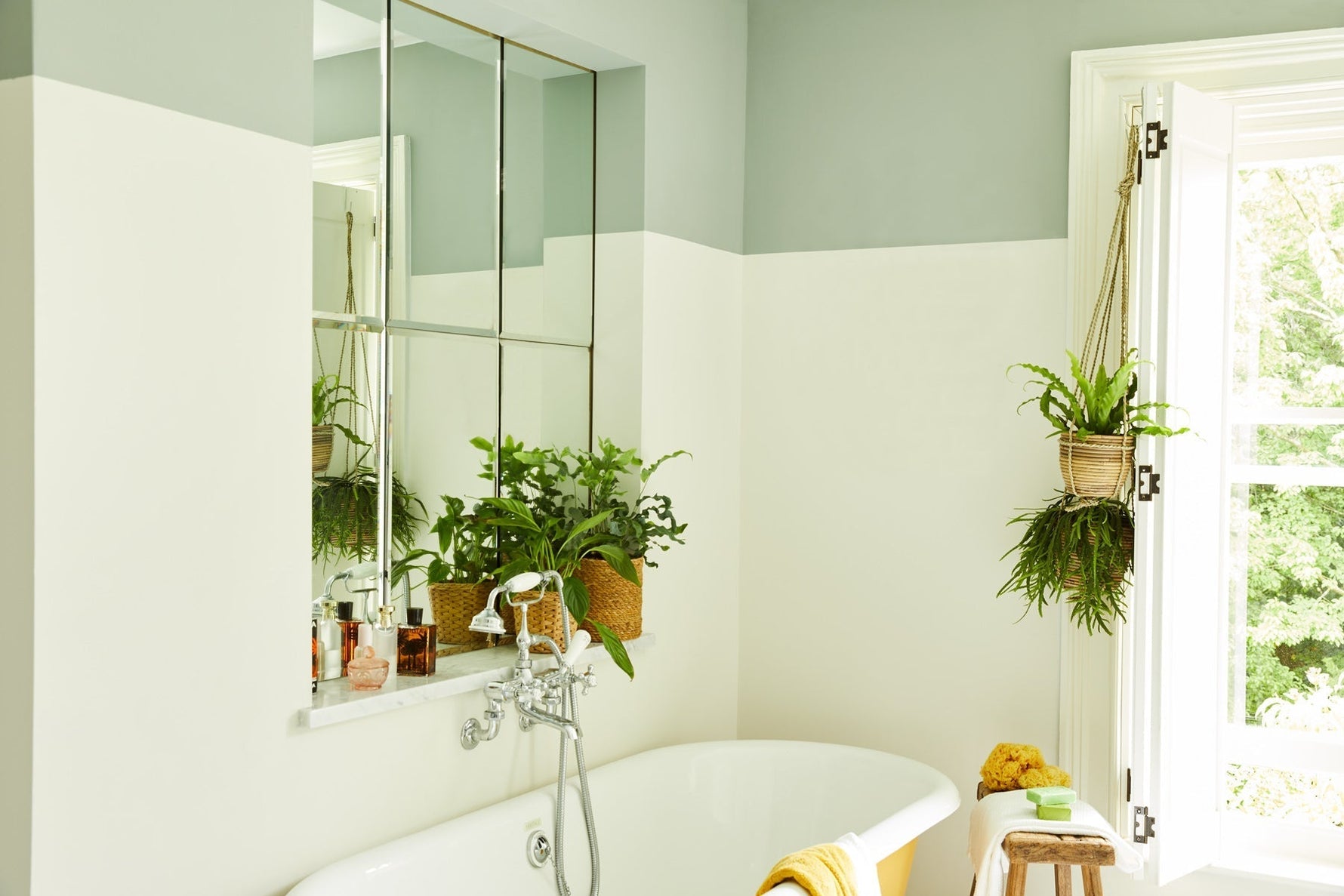 Bathroom painted in Grassy and Up Up Away Claypaint.|Table setting with Peach Baby and Up Up Away Claypaint.|Grassy and Up Up Away used in a bathroom.|Up Up Away with a table setting.