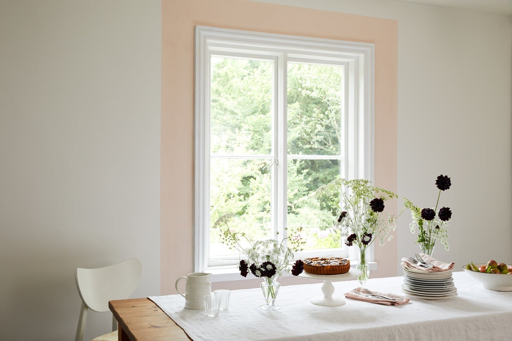 Up Up Away dinning room.|Kitchen in Sandy Castle.|Fireplace painted in Flutterby Claypaint.|Grassy bathroom.|White Clay - neutral bedroom.