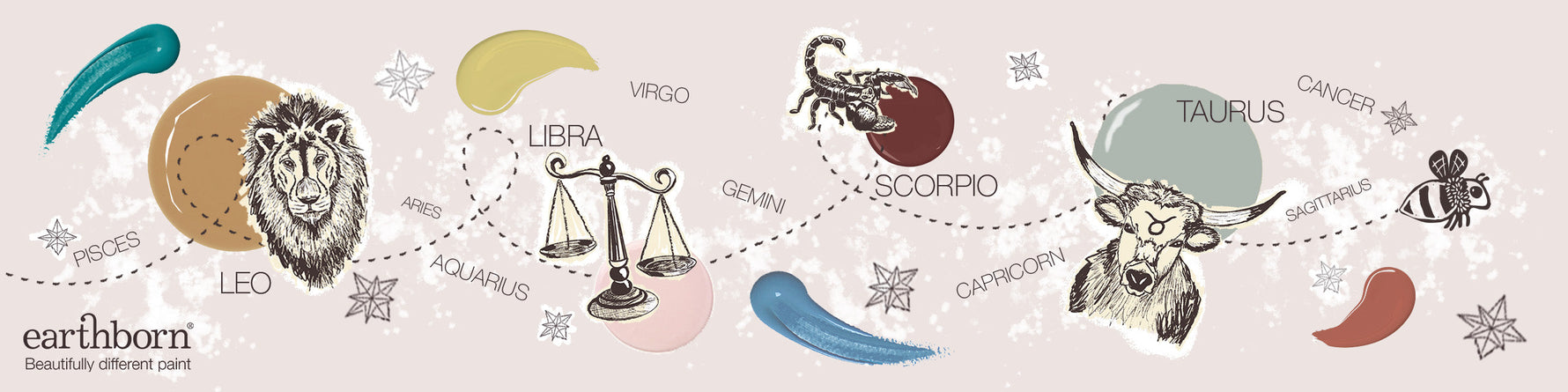 Claypaint for astrology - zodiac banner.|Taurus zodiac colour drops.|Scorpio zodiac colour drops.|Leo zodiac colour drops.|Libra zodiac colour drops.