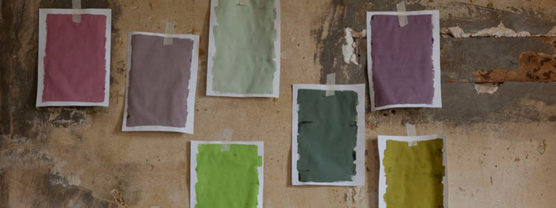 Paper paint swatches on a wall.|Long dinning room table set for dinner with a fireplace in the background.|Action shot of lime plastering.|A man in the process of applying lime plaster to a wall.