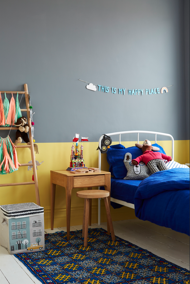 Childs bedroom with walls painted in yellow and grey paint|Crocky Road and Marbles and Straw in Nursery|A kids bedroom with blue and green painted walls|Kids bedroom with green painted panelling