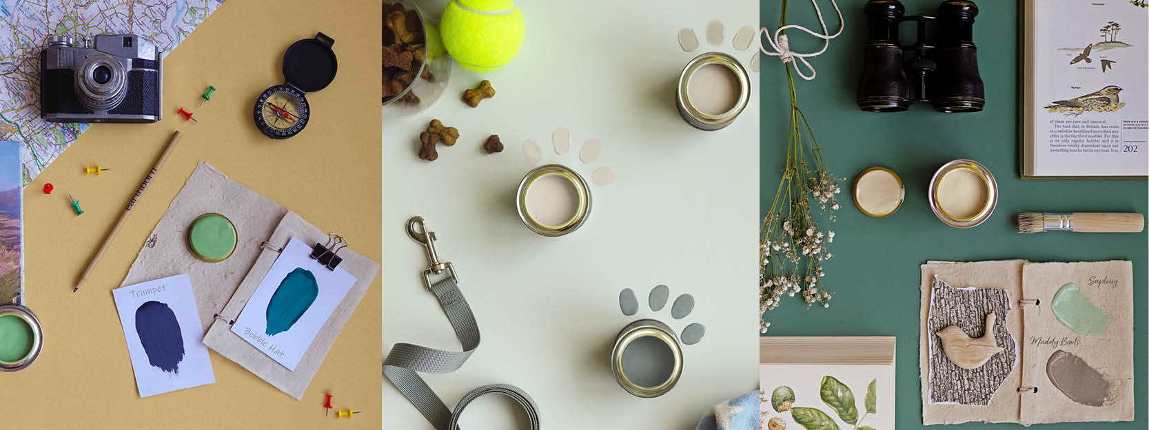 Lifestyle for every family header|Pet friendly paint in Donkey ride used in a bedroom with a dog.|Easy clean emulsion paint for kitchen walls shown in Paw Print.|A stripped hallway painted in a easy clean emulsion in the shades Delilah and Rosie Posie.|A