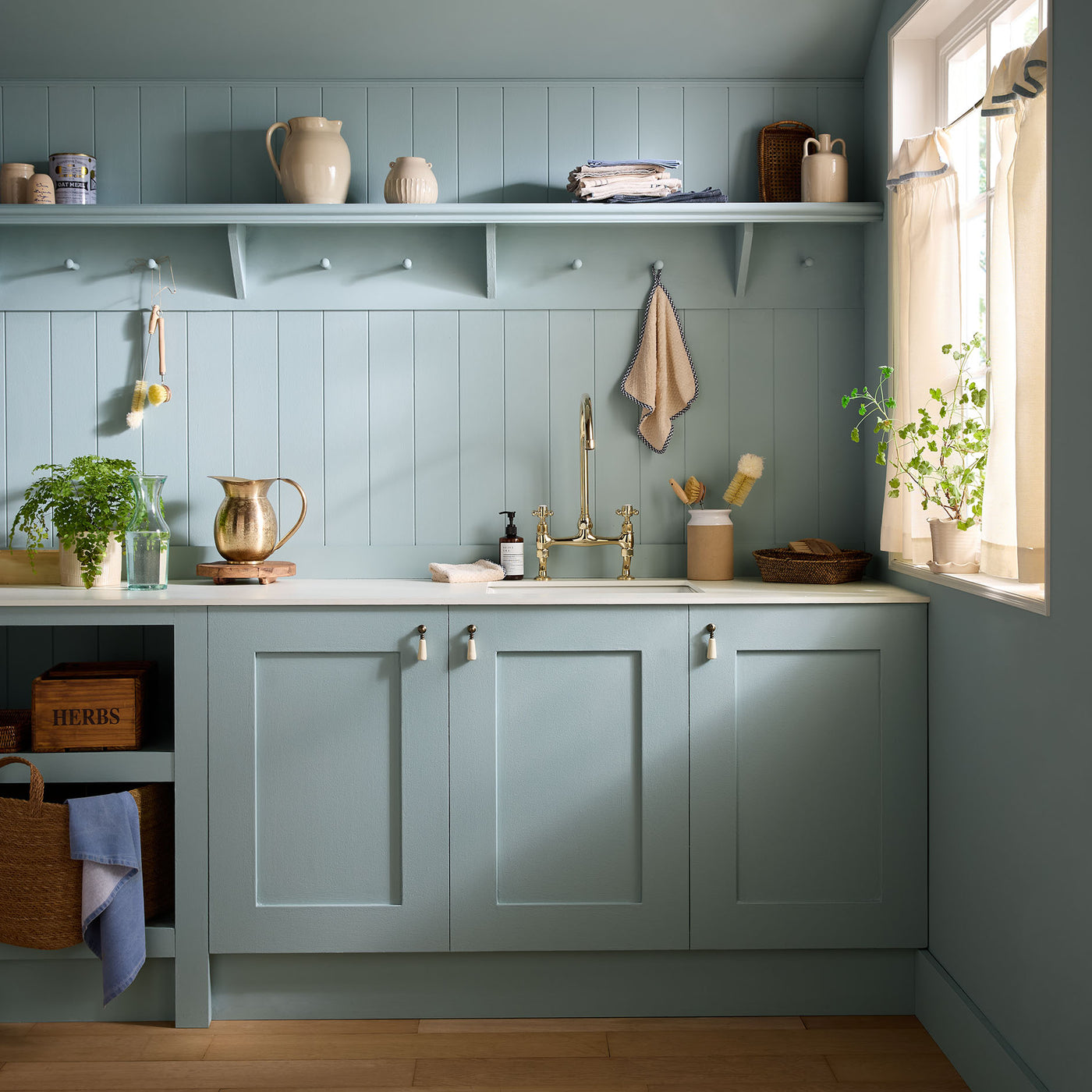 Modern kitchen with light blue cabinets, white countertop, and various kitchen items.
