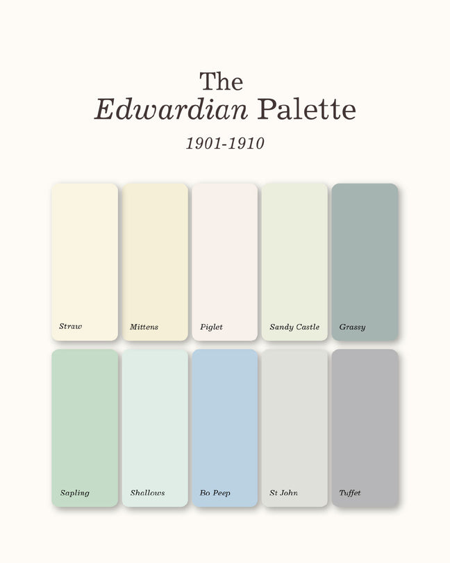 The Edwardian Palette 1901-1910 color chart featuring ten muted color swatches with names including Struc, Mitten, Piglet, Sandy Castle, Gravy, Sepia, Shellous, Bo Peep, St. John, and Tuffet.