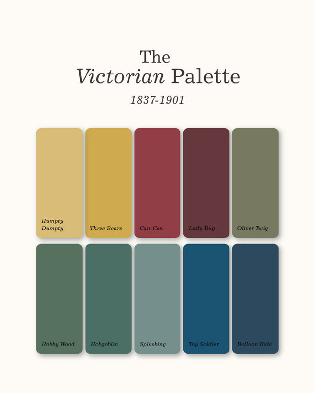 The Victorian Palette 1837-1901 color chart featuring ten vertical color swatches in muted tones including mustard, burgundy, olive, green, blue, and slate, with labels underneath on a light cream background.