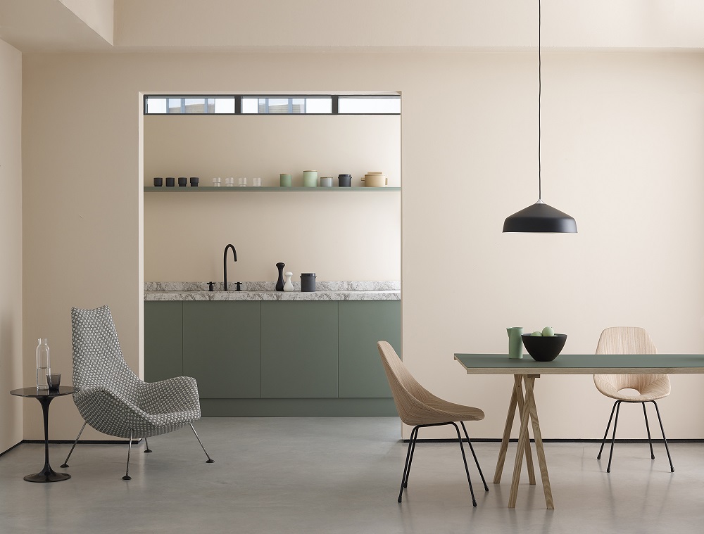 Kitchen cabinets painted in Earthborn's olive green colour Secret Room