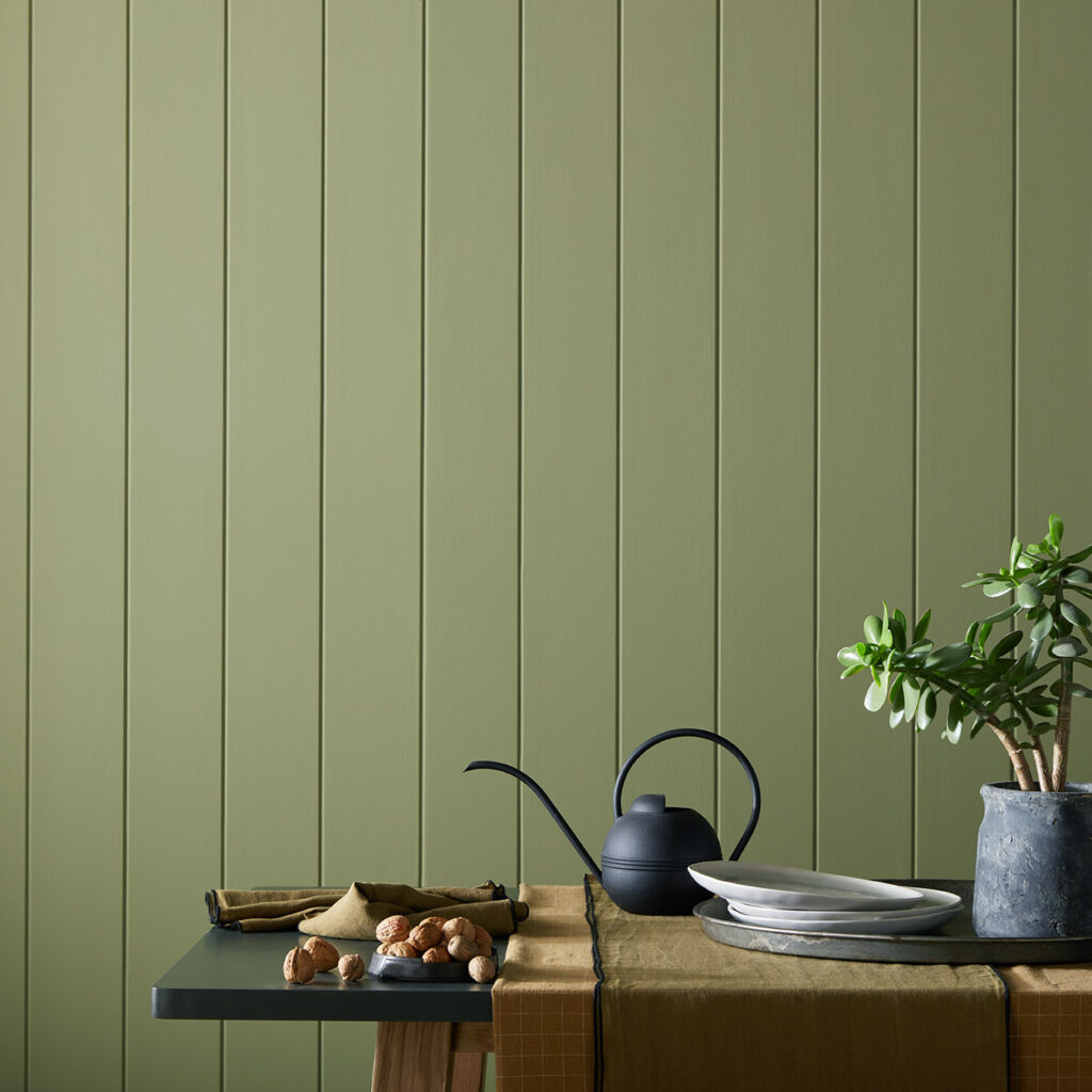 Kitchen panelling painted in Peaseblossom by Earthborn
