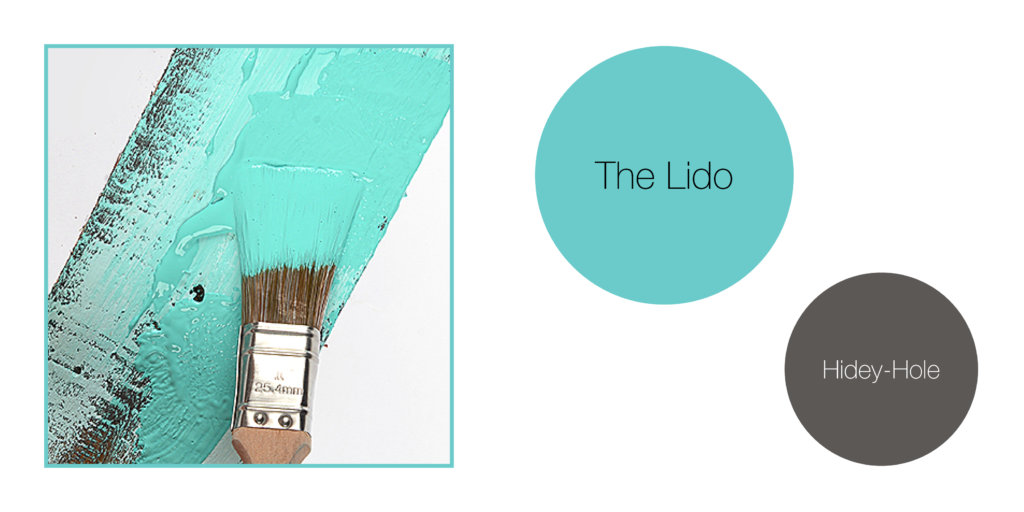 Earthborn eco paint colours in The Lido turquoise and Hidey-Hole dark grey. Upcycling with eco paint