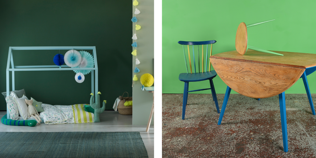 Using bright bold green and blue paint colours to paint furniture with Earthborn eco friendly paint
