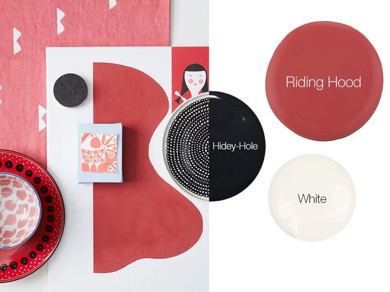 Earthborn's bold, folksy decor colour scheme includes Riding Hood red, White and Hidey-Hole black