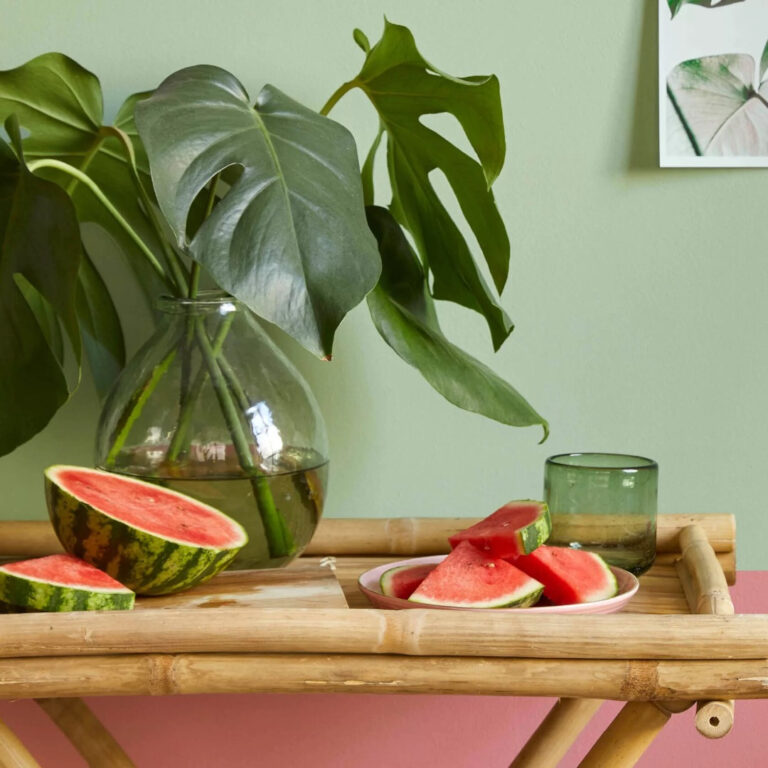 Slices of watermelon on a bamboo tray with big green leaves against a bold green and pink two toned painted wall.