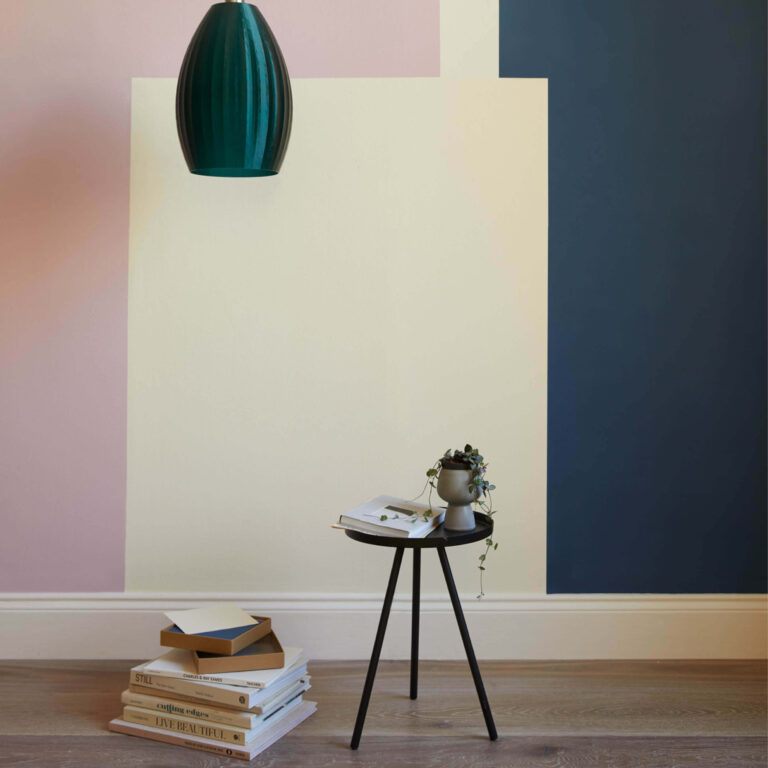 Colour block wall in Rosie Posie, Lemony and Pudding Claypaint.