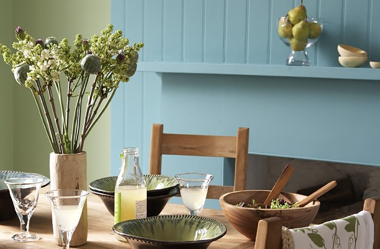 Dining Room ft. walls in Cricket and woodwork panelling in Polka Dot
