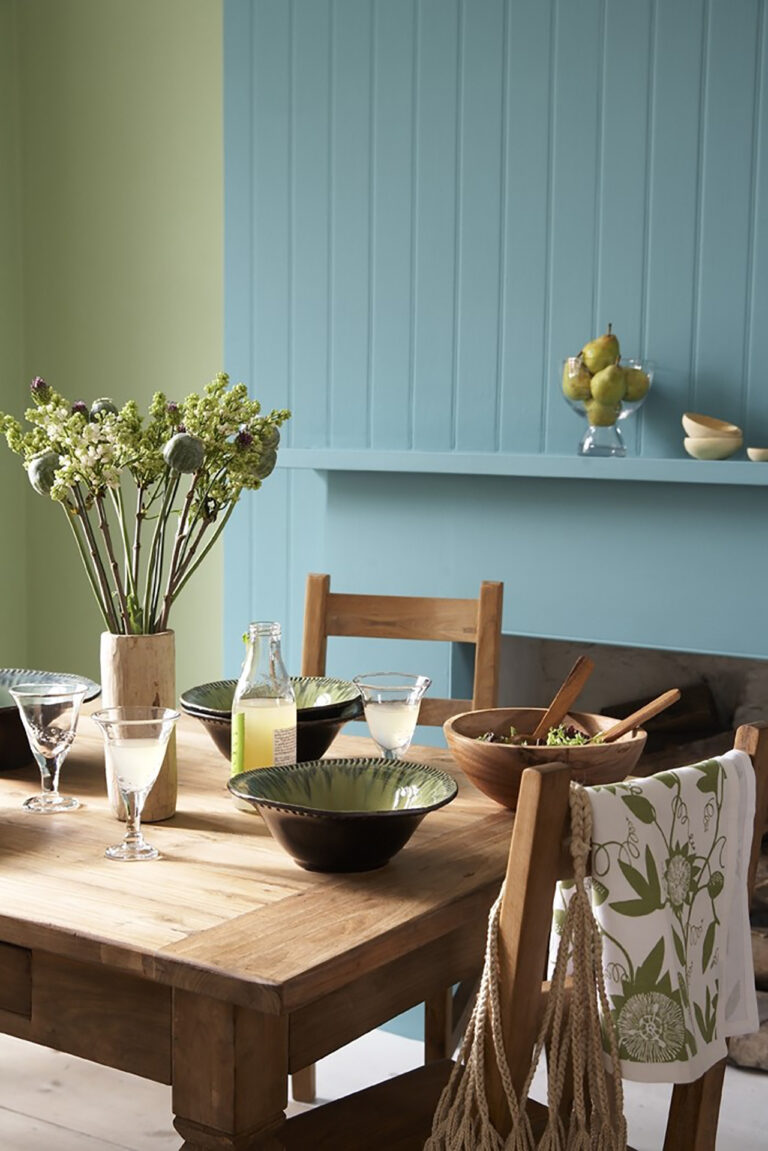 Dining Room ft. walls in Cricket and woodwork panelling in Polka Dot