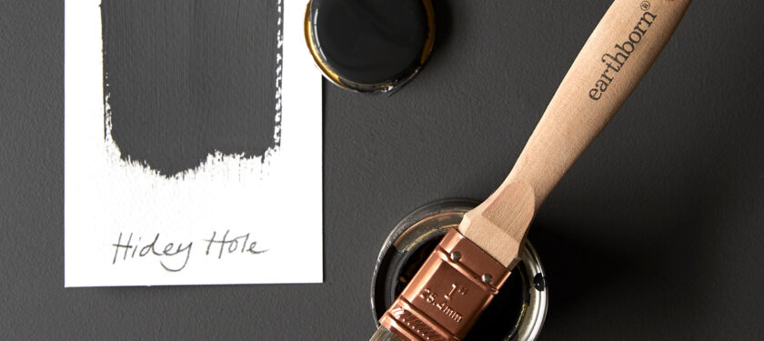 Earthborn moodboard featuring off-black paint colour Hidey-Hole