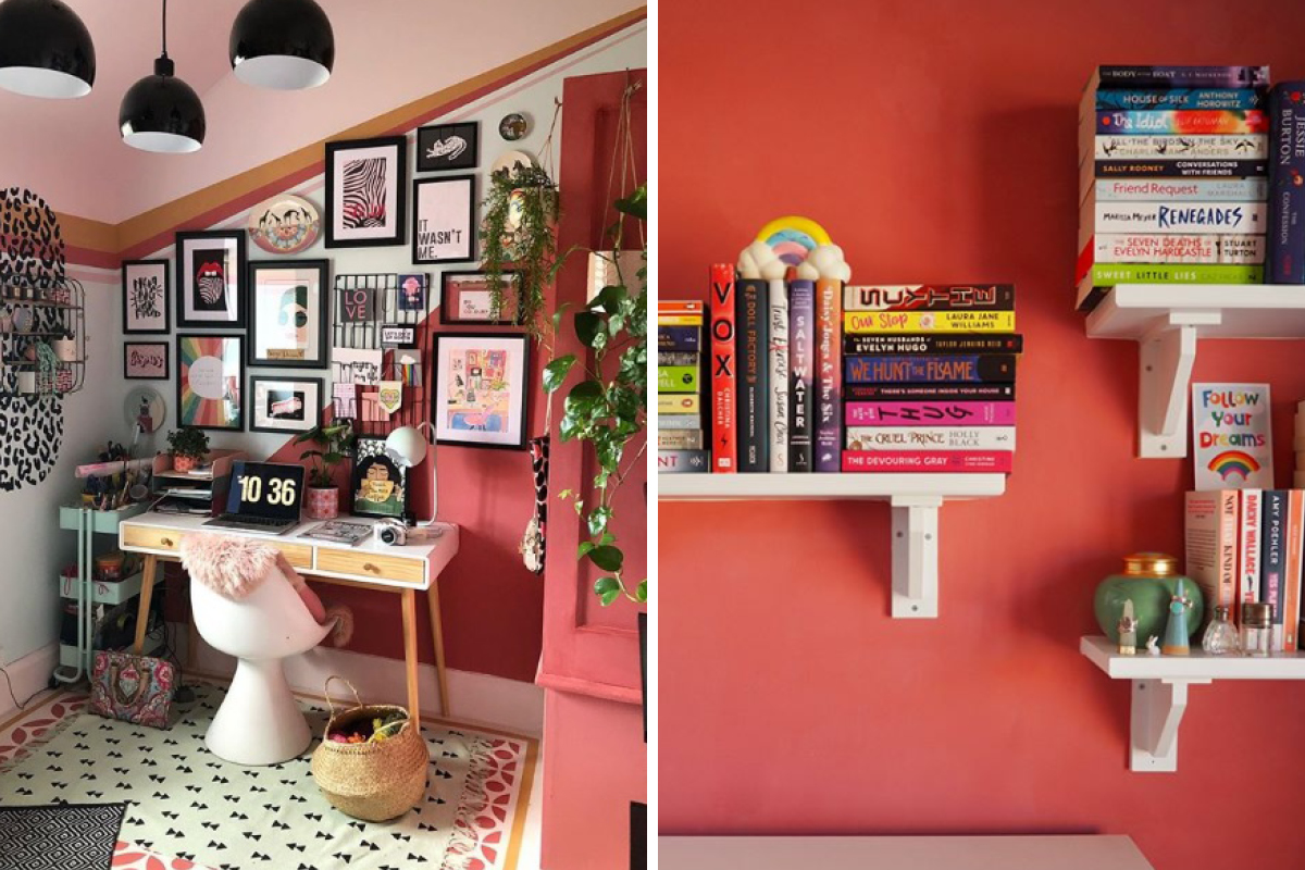 Delilah added a flash of colour to Soozi from The Patterned Palace's colourful study (left) and as a backdrop to Jaide Poppy's bookshelves (right)