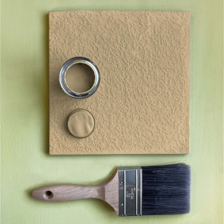 Flat lay of Nutmeg and Balmoral with sample pot and paint brush.