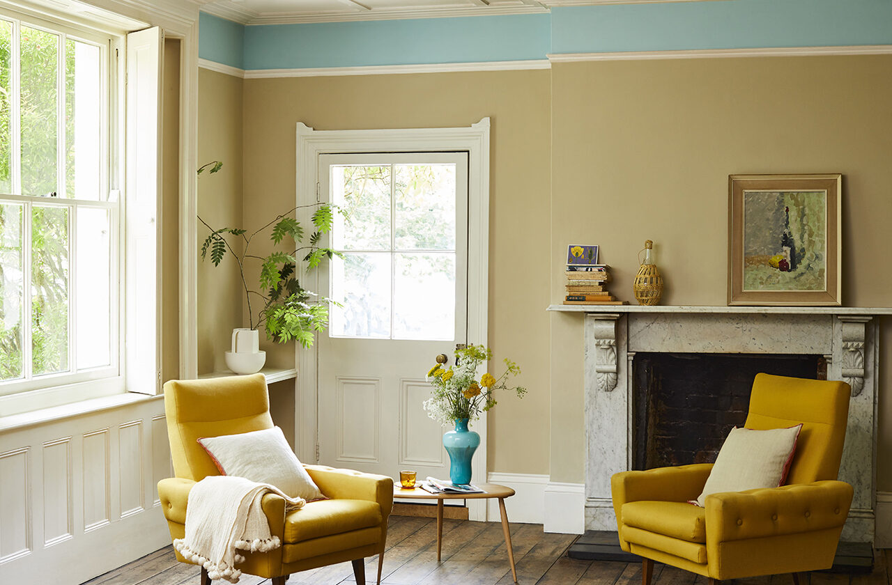 A sitting room painted in Crocky Road and Milk Jug Claypaint.