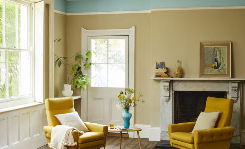A sitting room painted in Crocky Road and Milk Jug Claypaint.