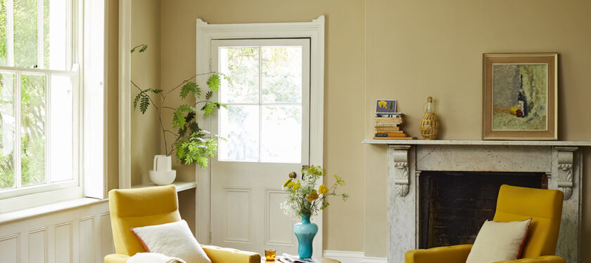 A sitting room painted in Crocky Road and Milk Jug Claypaint.