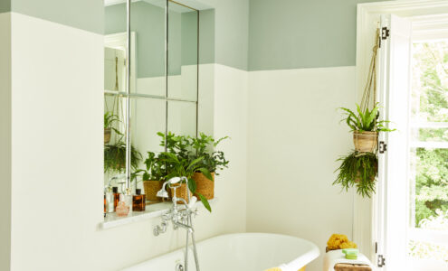 Bathroom painted in Grassy and Up Up Away Claypaint.