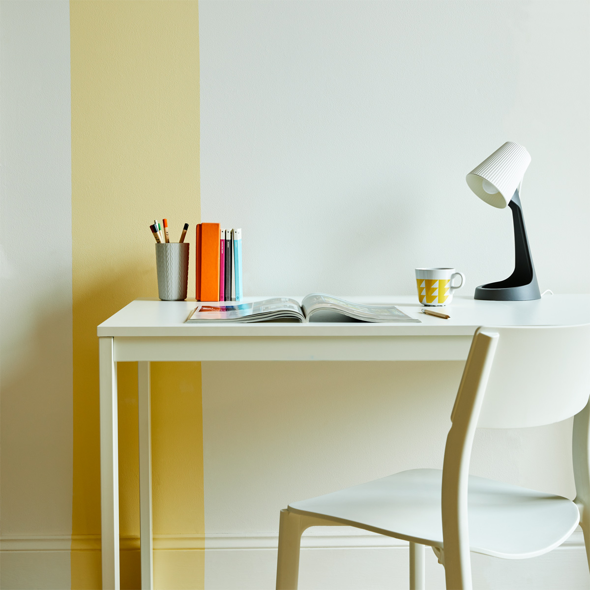 A stripe of yellow Jemima adds an unexpected pop to this space