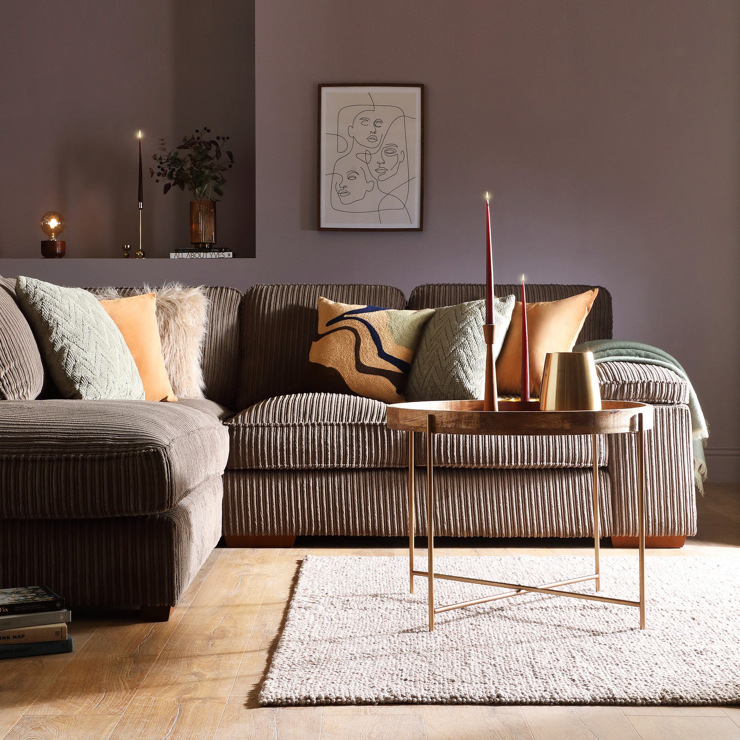 Inglenook, a cool grey with a lilac hint, sets the tone in this Furniutre and Choice living room