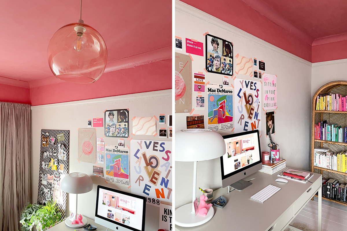 Emma Jane Palin's home office revamp features a pink ceiling painted in Delilah