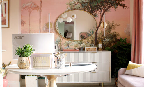 Swoonworthy's peach office and dressing room.