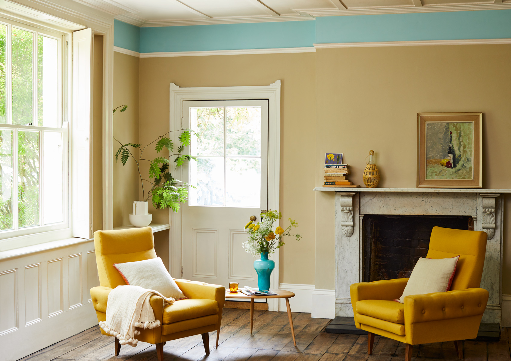 Crocky Road and Milk Jug are two easygoing paint colours to try in large living rooms