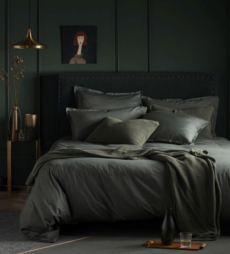 Yew Maze looks warm and sophisticated next to the Secret Linen Store's Olive Green bedding