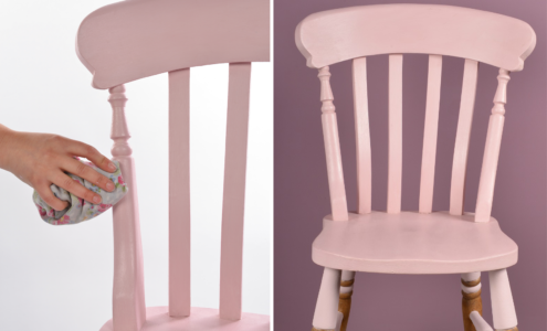 Two split images of upcycling a wooden chair using pink paint.