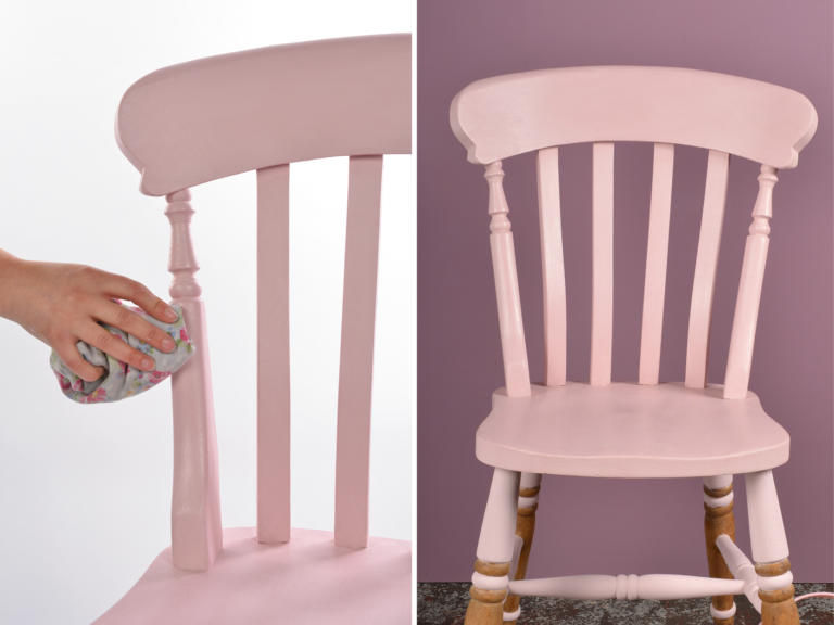 Two split images of upcycling a wooden chair using pink paint.