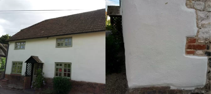 Two photo's side by side of an older building and it's plaster work.